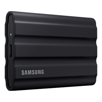 Black Samsung T7 Shield portable SSD, shown at an angle with its USB-C port visible.