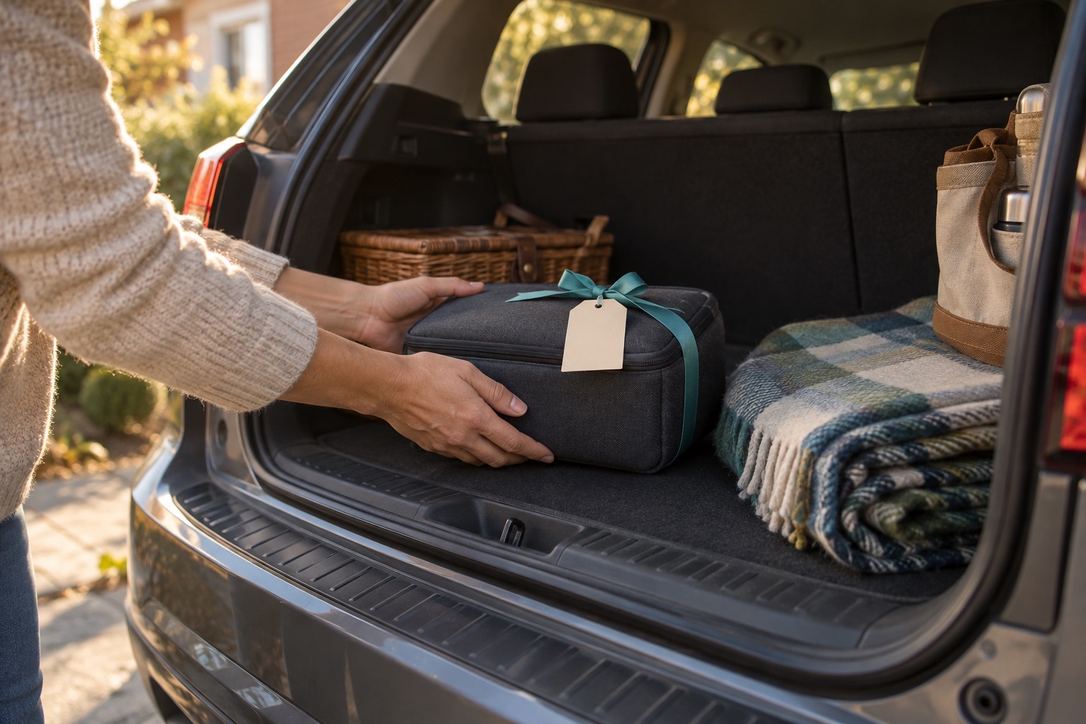 AI illustration of hands placing a ribbon-tied case in the trunk of a parked car before a trip.