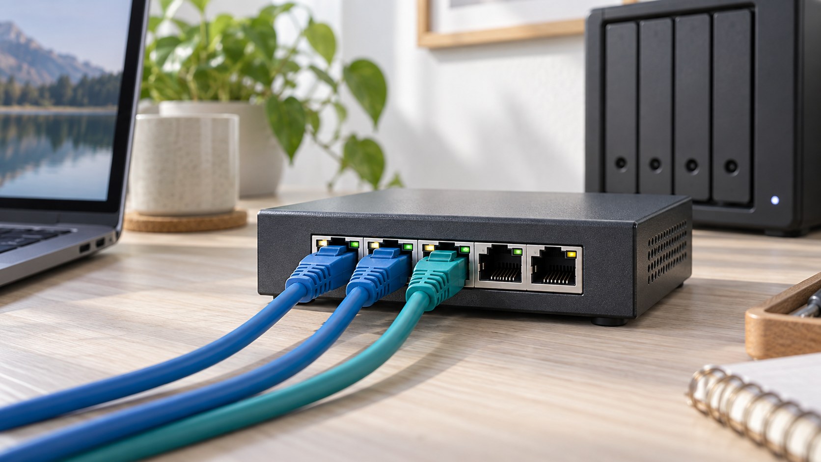 AI illustration of generic equipment for Gigabit or 2.5GbE Switch? Speed Up the Right Connection; not the named products.