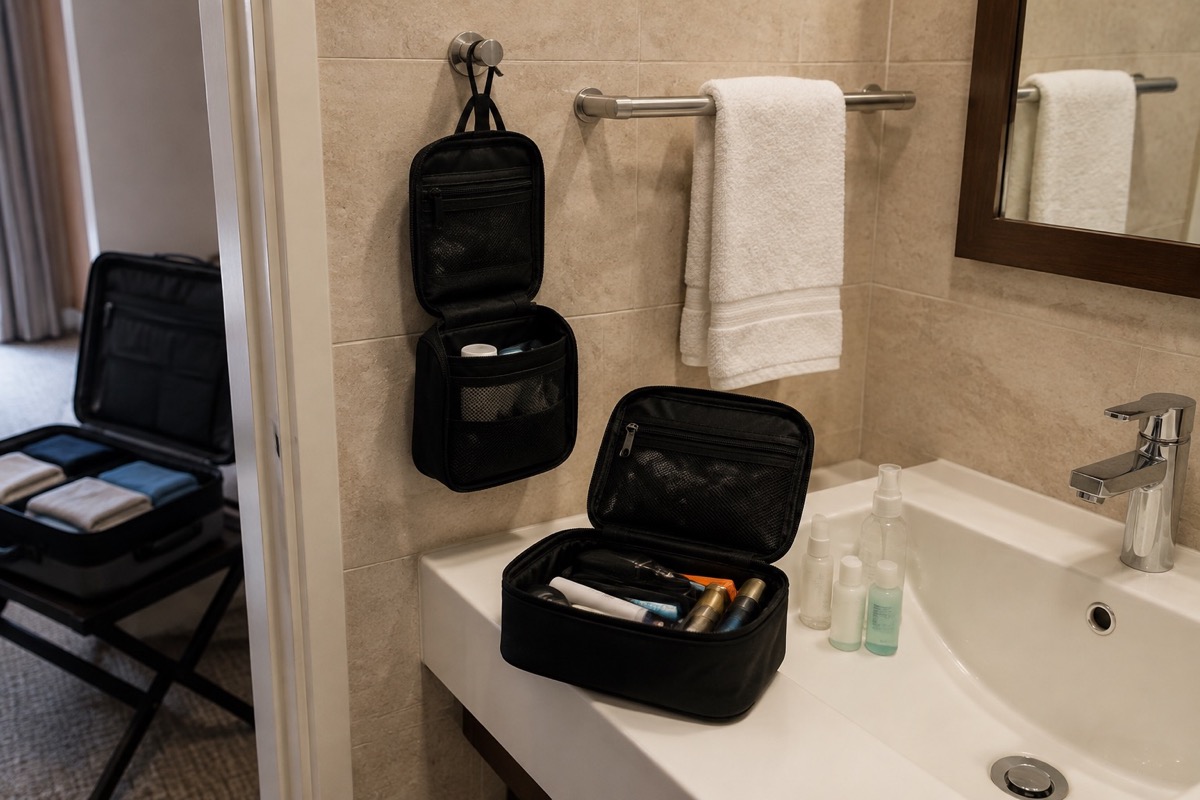 Two unbranded toiletry-bag formats in a small hotel bathroom, with one hanging beside the sink and another open on the counter.