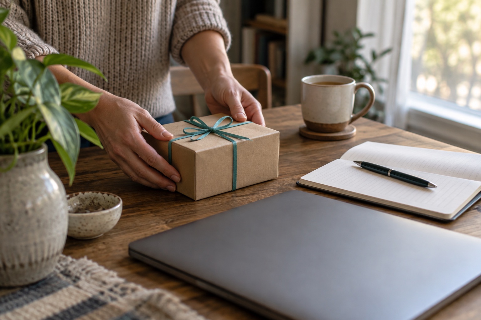 AI illustration of hands setting a wrapped gift beside a notebook and closed laptop on a home desk.