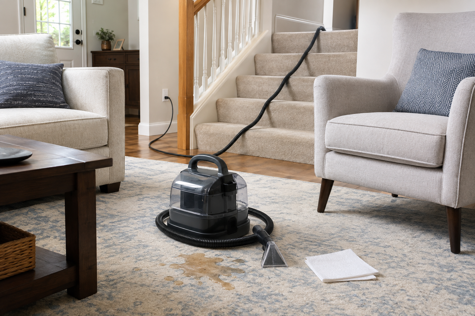 An ordinary living room with a portable spot cleaner, carpet spill, upholstered chair, stairs, cord route, and drying towel.