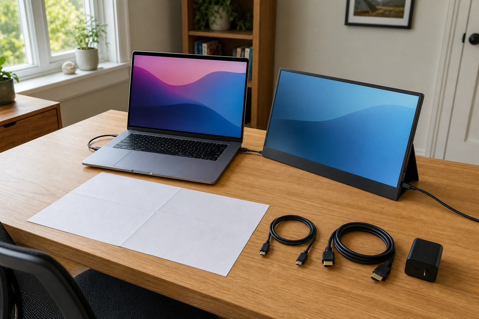 A laptop and portable monitor on a home-office desk with visible USB-C, HDMI, power, and paper footprint clues.