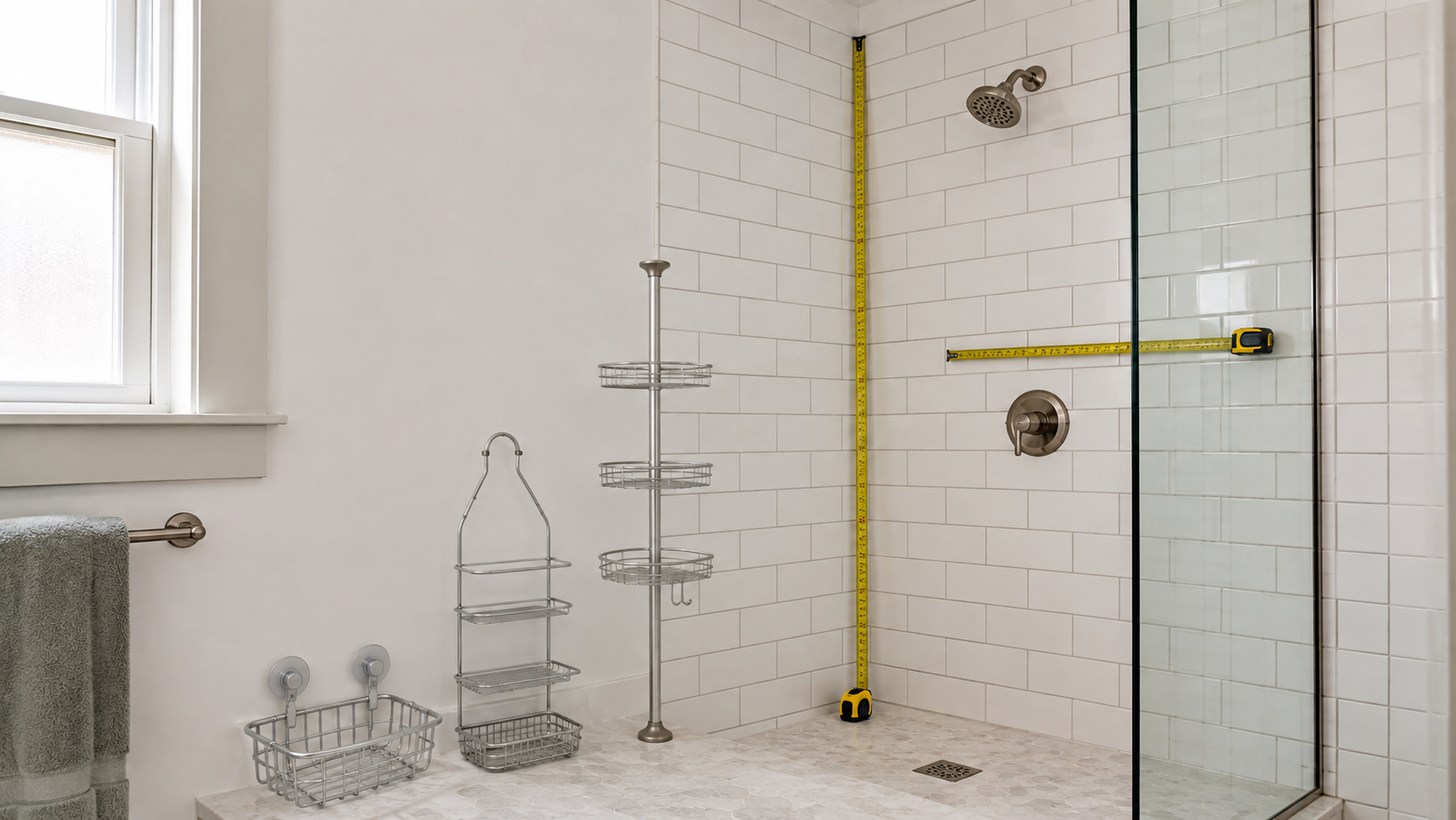 An ordinary tiled shower with a tape measure marking the corner height and wall space beside suction, hanging, and tension-pole storage formats.