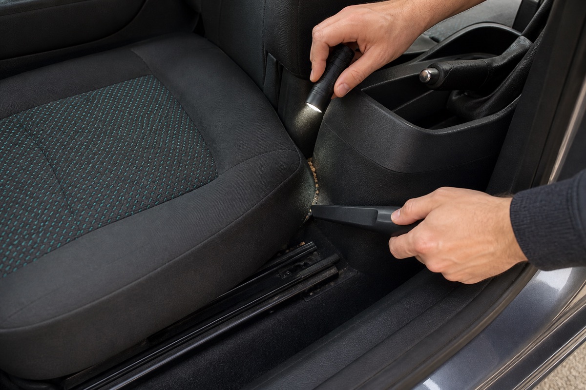 Hands using a flashlight and crevice nozzle to inspect dry debris between a car seat and console.