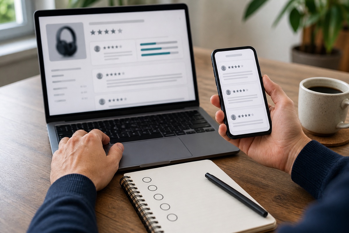 Hands comparing generic online review evidence across a laptop and phone.