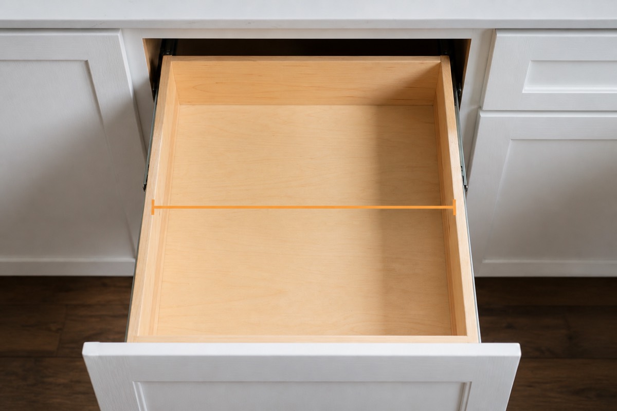 Open wooden drawer with one orange line measuring its usable inside width.