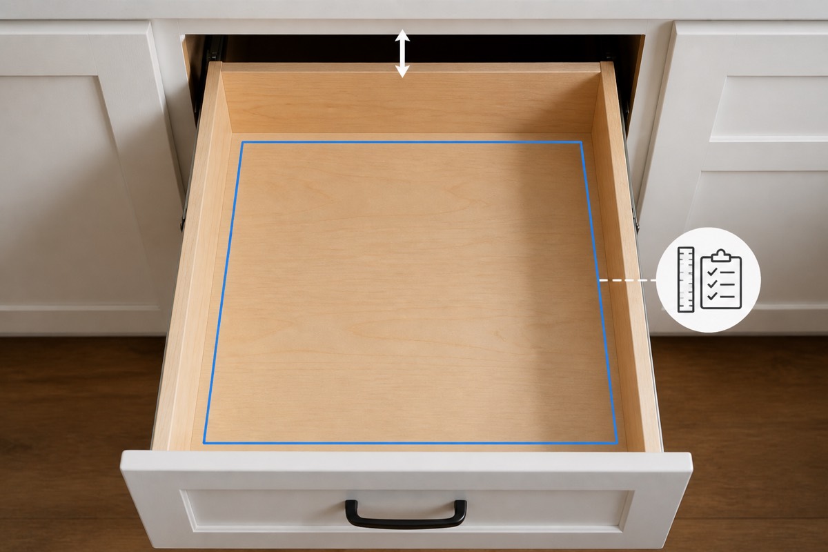 Open wooden drawer with a vertical height arrow, an outlined usable footprint, and a ruler-checklist symbol.