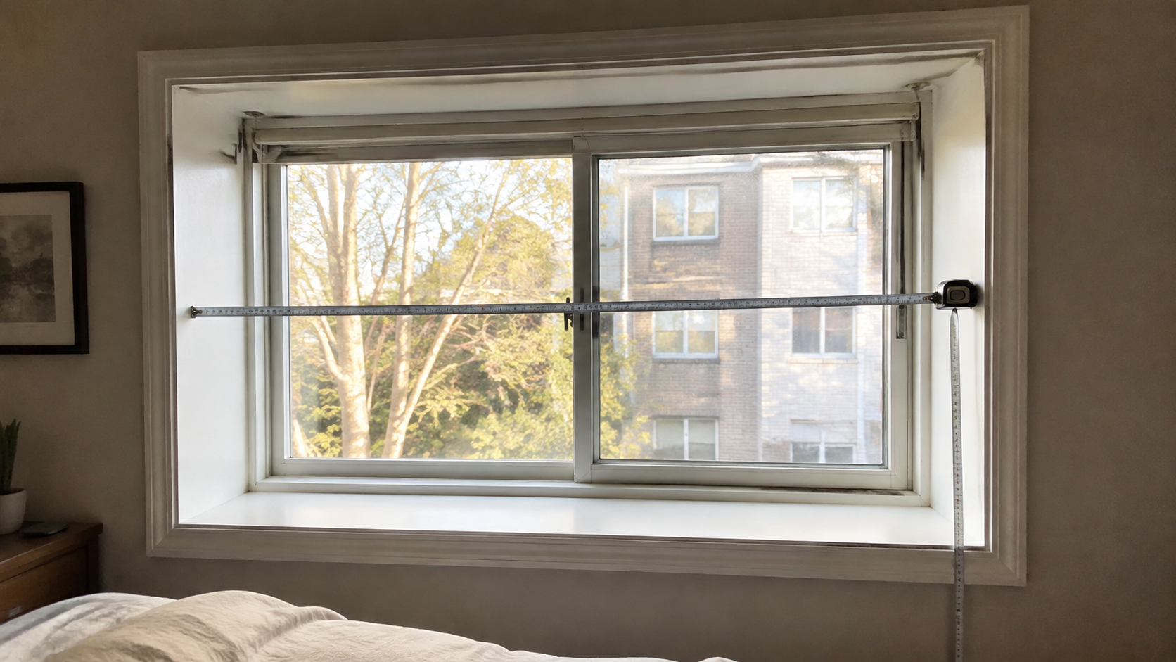 A steel tape measure spans the inside width of an ordinary apartment bedroom window, with a second tape showing the recess depth and height.