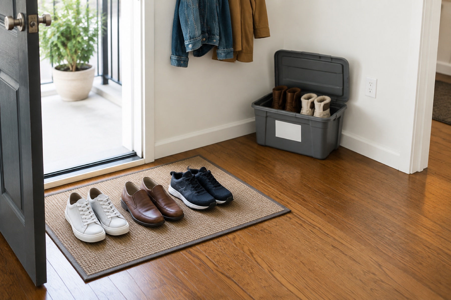 Three daily-wear shoe pairs on a washable entry mat with off-season pairs in a separate open bin and a clear walking path.