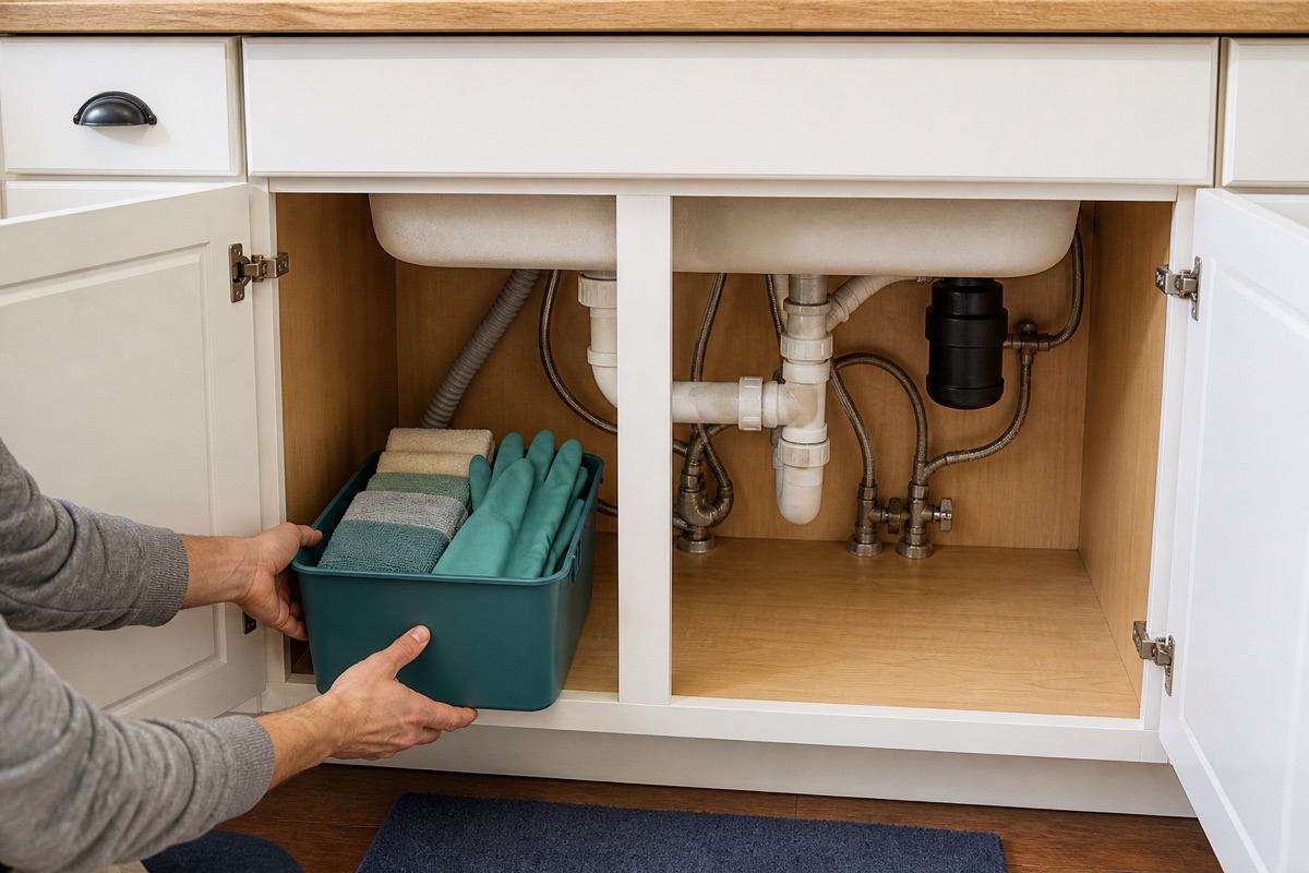 Hands placing a removable bin beside visible plumbing in an under-sink kitchen cabinet.