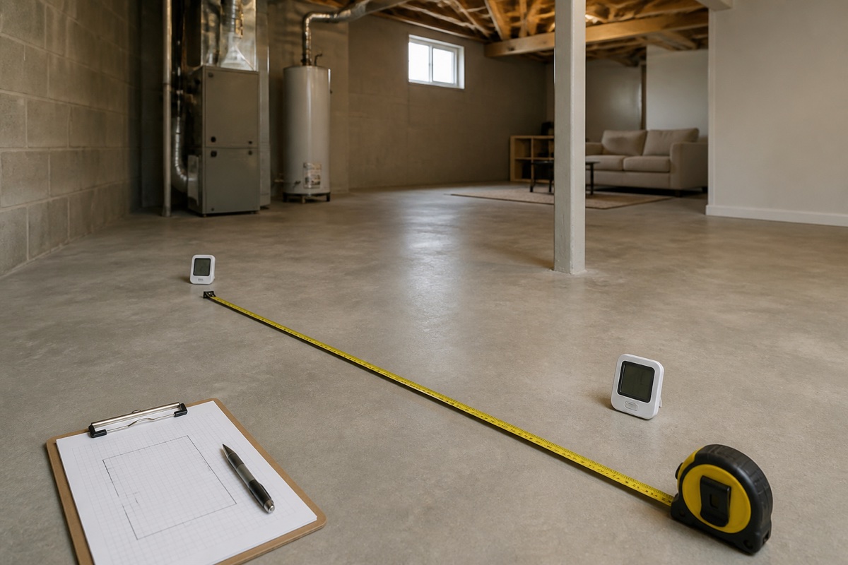 Tape measure, clipboard, and two unbranded humidity monitors placed across an ordinary unfinished basement before appliance sizing.