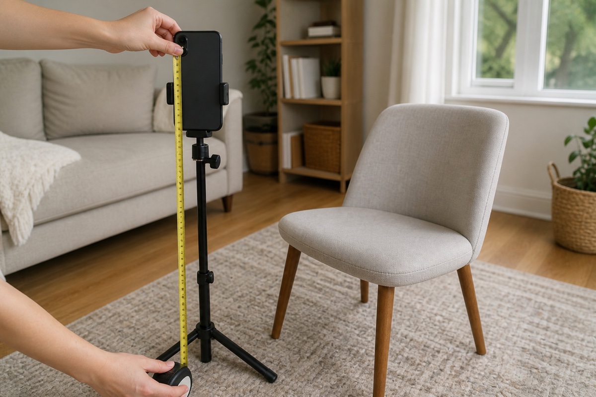 Hands measuring from the floor to the camera lens of a vertically mounted phone beside an empty chair.