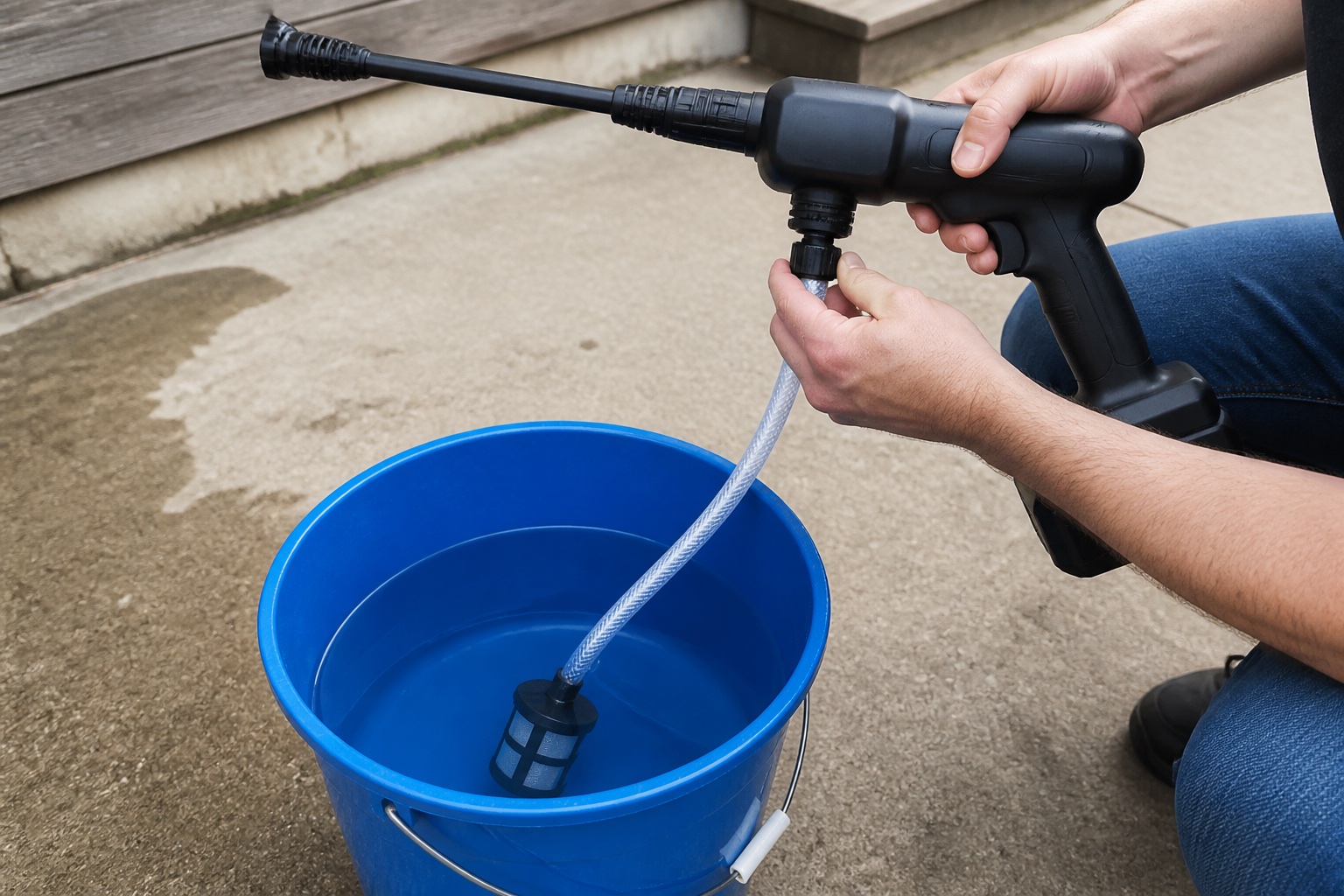 Hands connect a filtered suction hose from a generic cordless power cleaner to a bucket of clean water on stable pavement.