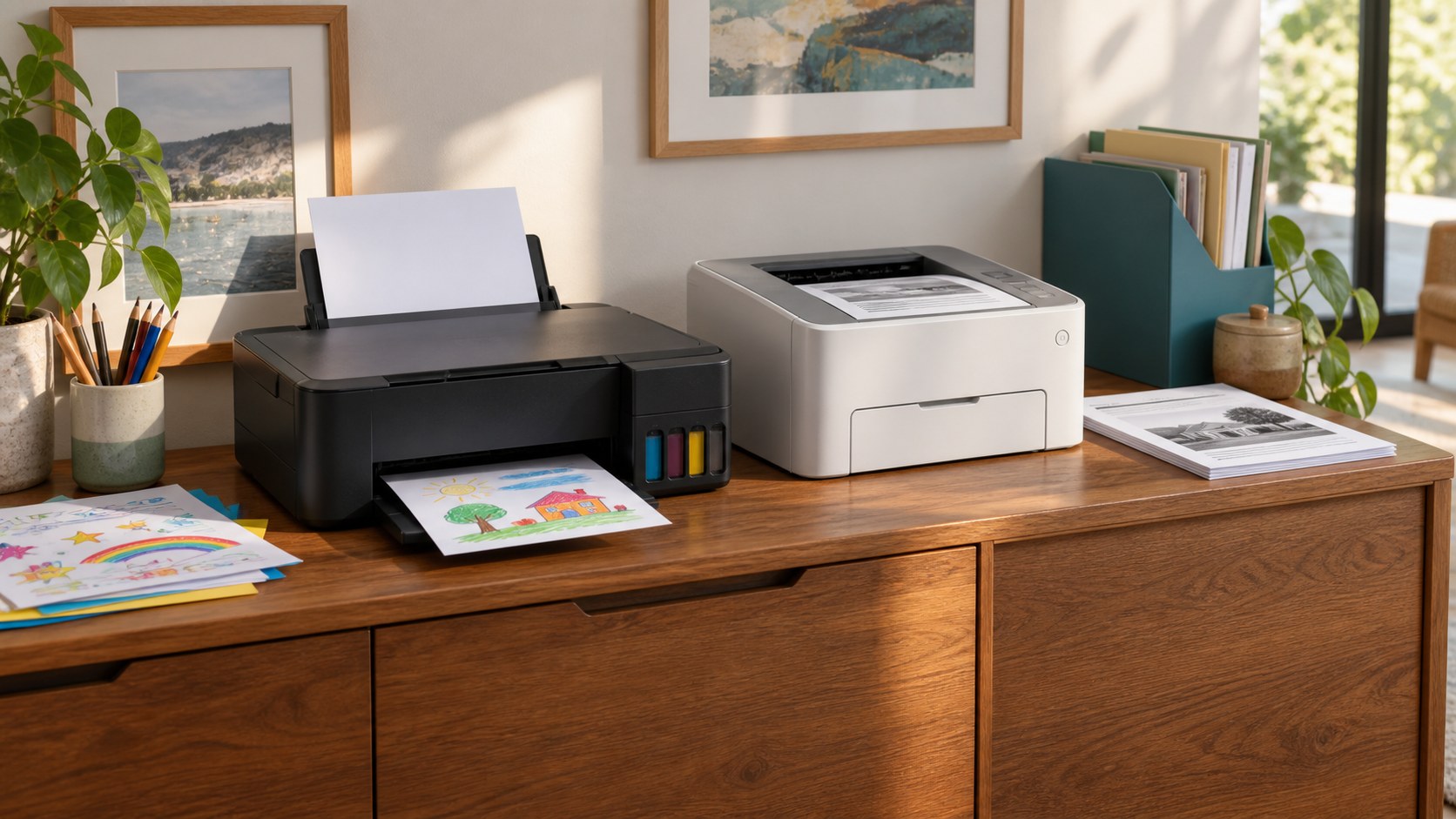 AI illustration of generic ink-tank and laser printers in a home office; not the named products.