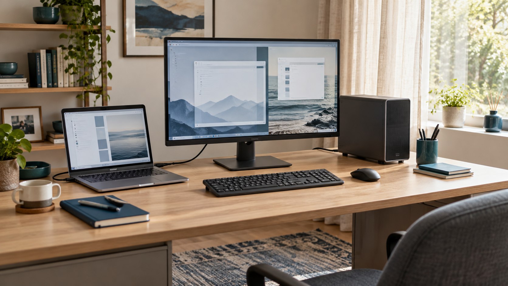AI illustration of a work laptop and small desktop computer sharing a home-office screen, keyboard and mouse.