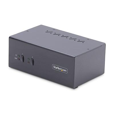Manufacturer product photo of the StarTech P2DD46A2-KVM-SWITCH with two front host-selection buttons.