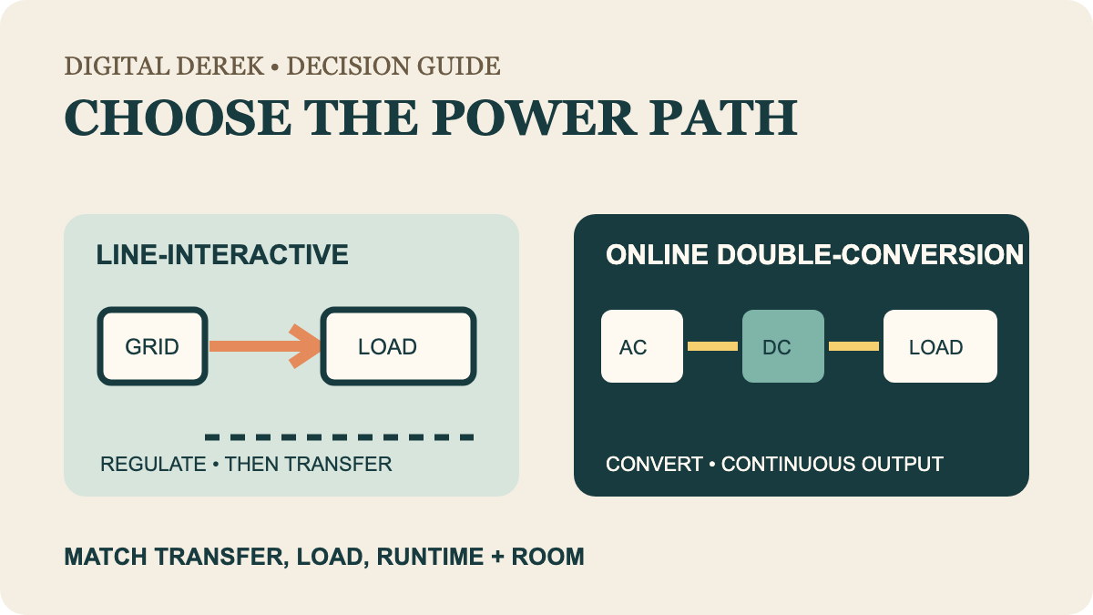 Original schematic comparing a line-interactive UPS path with an online double-conversion path; it does not show electrical test results.
