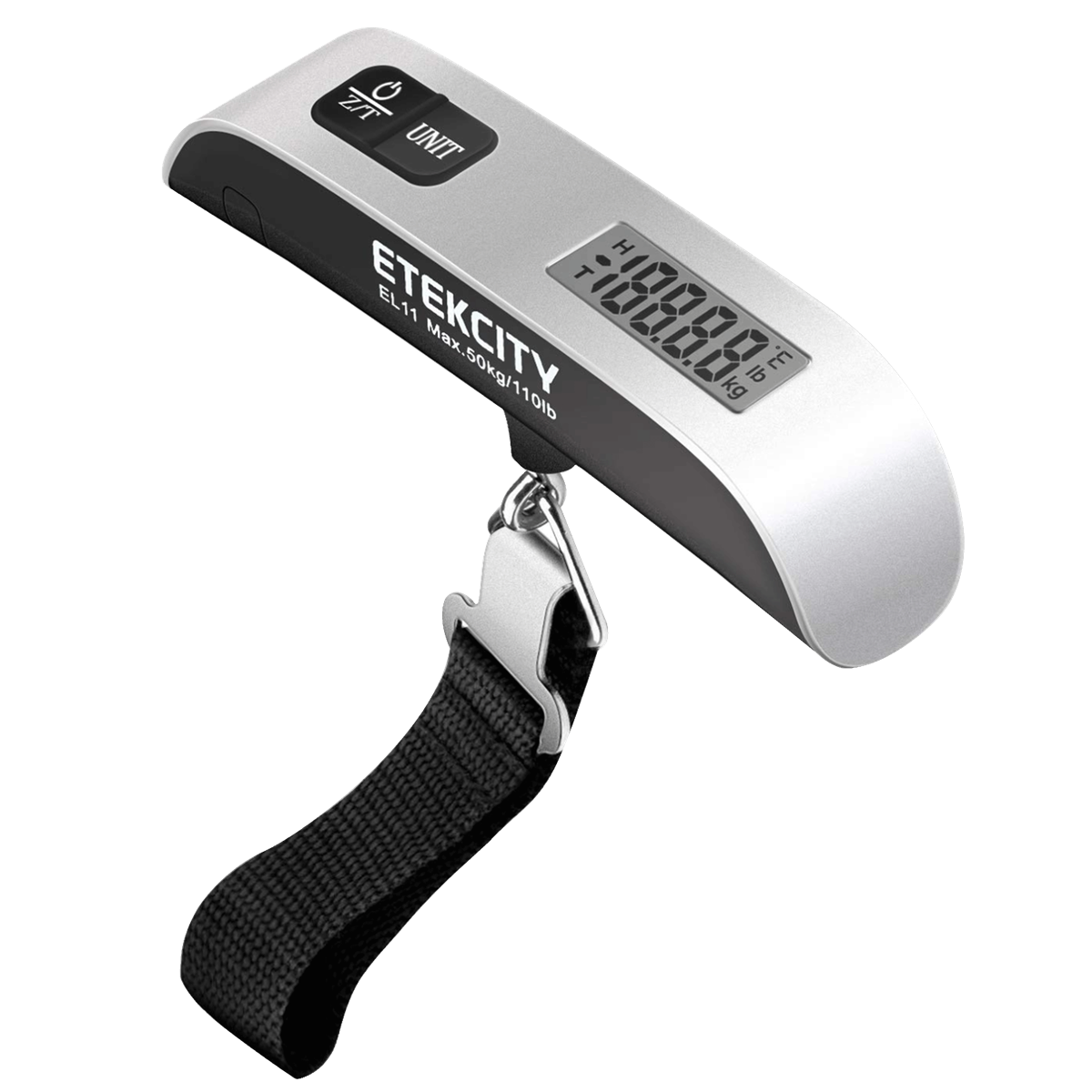 Silver Etekcity EL11 digital luggage scale with its strap and display on a transparent background.
