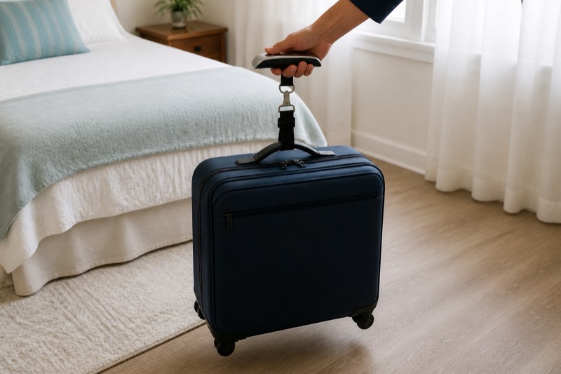 A hand lifts a carry-on suitcase with an unbranded digital luggage scale before an airport trip.