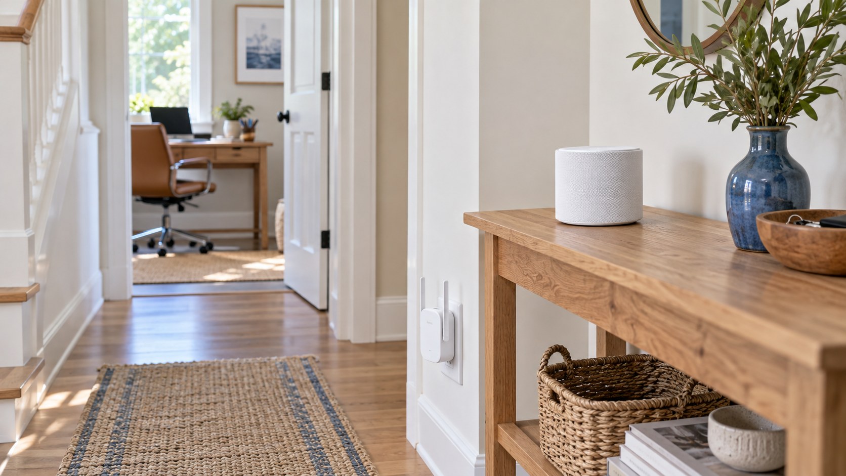 AI illustration of generic Wi-Fi equipment in a hallway beside a home office; not the named products.