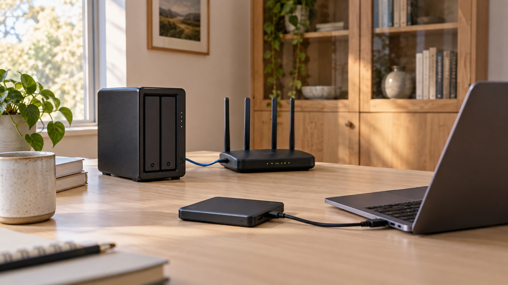 AI illustration of generic network storage and a separate USB drive on a desk; not the named products.