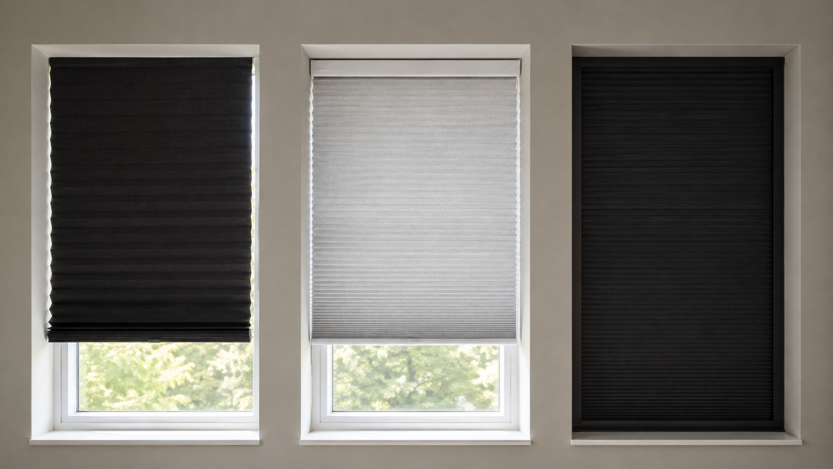 Three apartment windows compare a black temporary pleated shade, a white pressure-fit cellular shade, and a dark tracked blackout system.