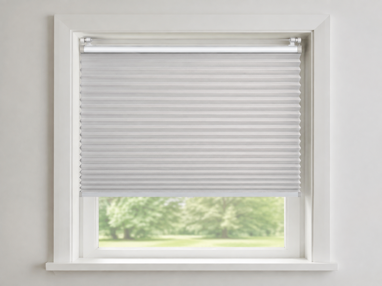 Original unbranded format illustration of a silver-white cordless cellular shade held inside a white window recess by a pressure-fit headrail.