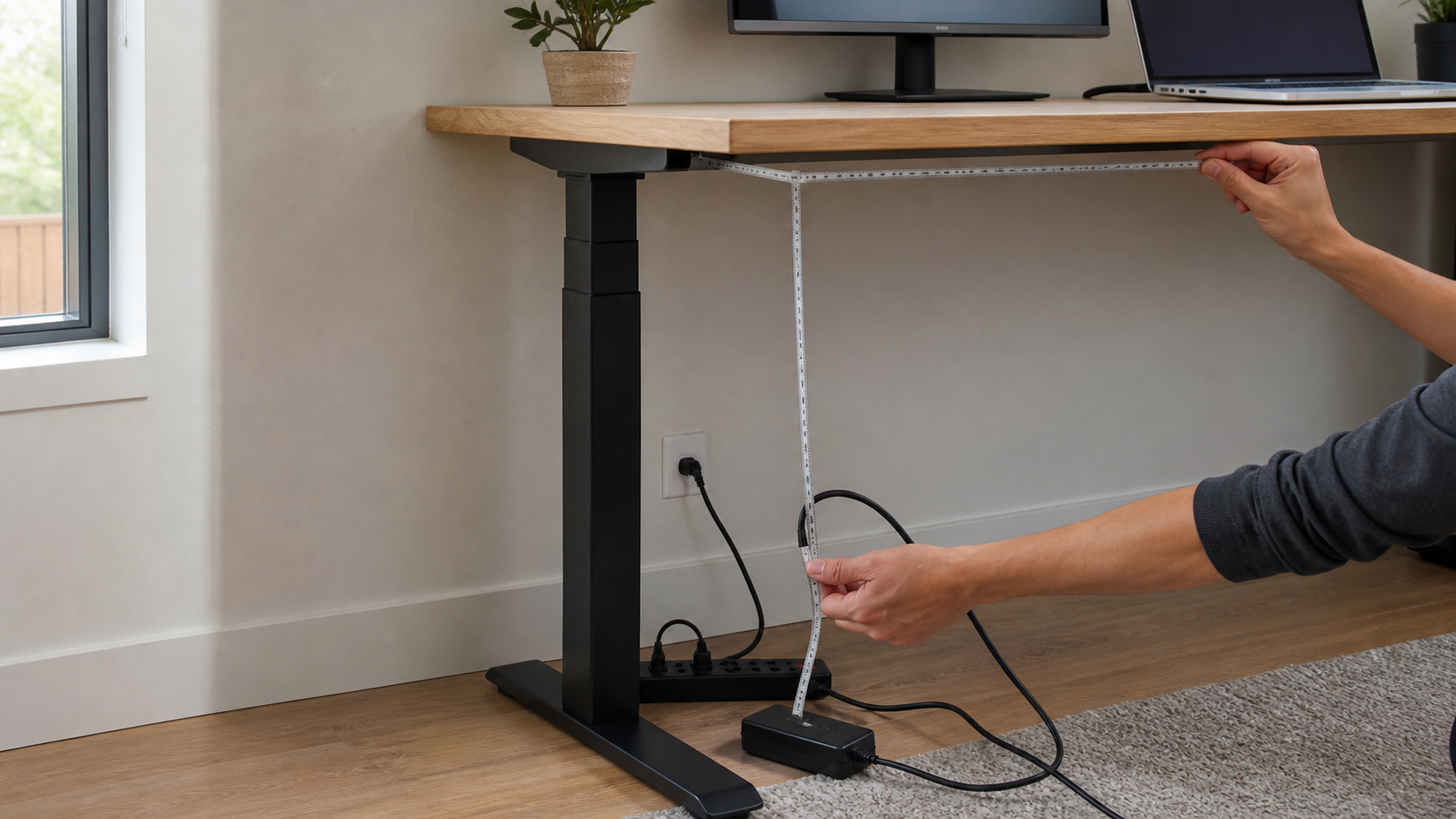 Hands measuring the underside of a sit-stand desk while a power strip, adapters, and cables are arranged on the floor to test the route before mounting.
