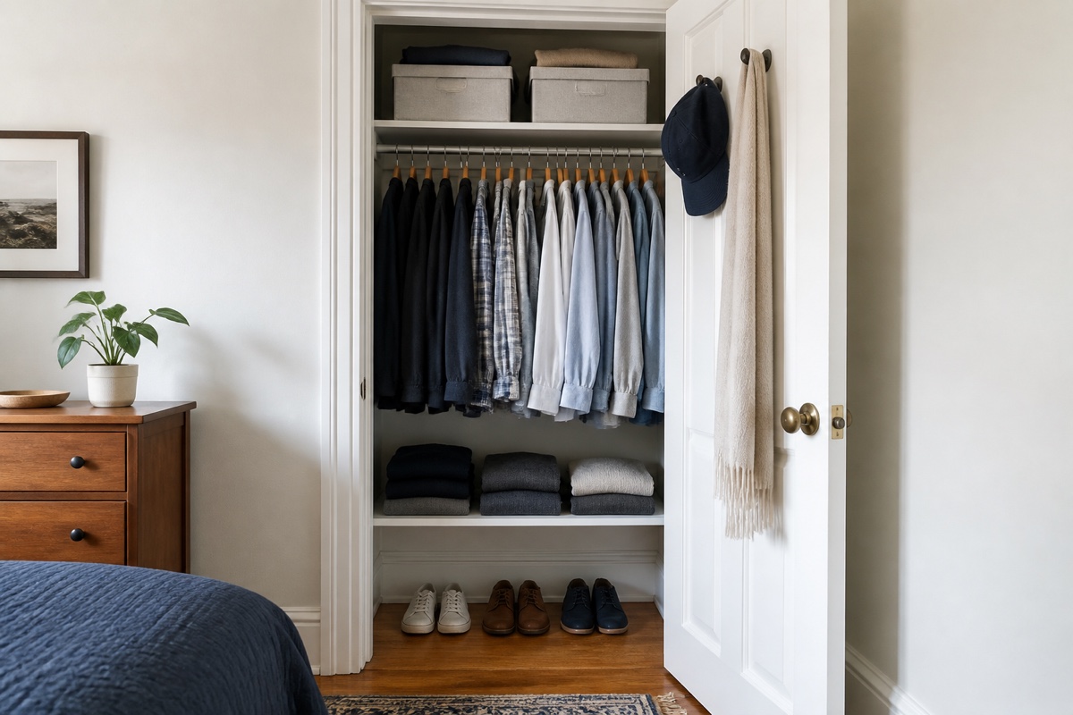 A small bedroom closet with daily clothes centered, seasonal storage overhead, folded sweaters, and shoes below.