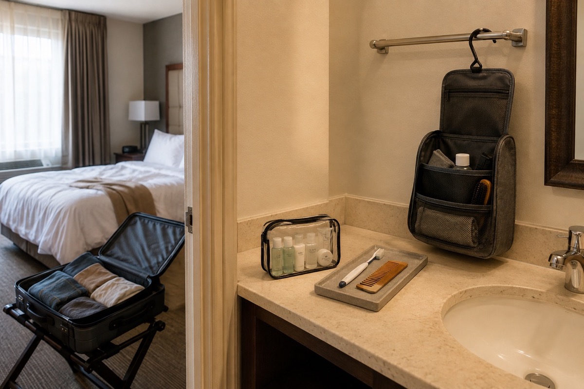 A small hotel bathroom organized into a sealed liquids pouch, a dry grooming tray, and a hanging unbranded toiletry bag beside an open suitcase.