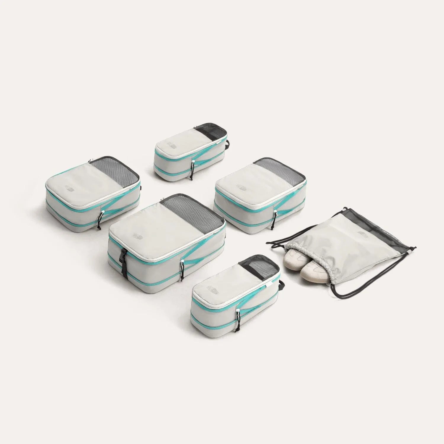 BAGSMART Blast six-piece compression packing cube set in neutral colors on a white background.