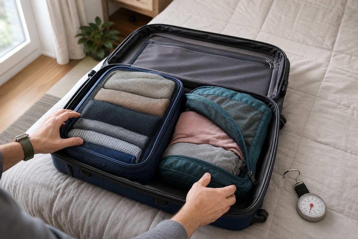 Hands compare standard and compression packing cubes in an open suitcase beside a luggage scale.