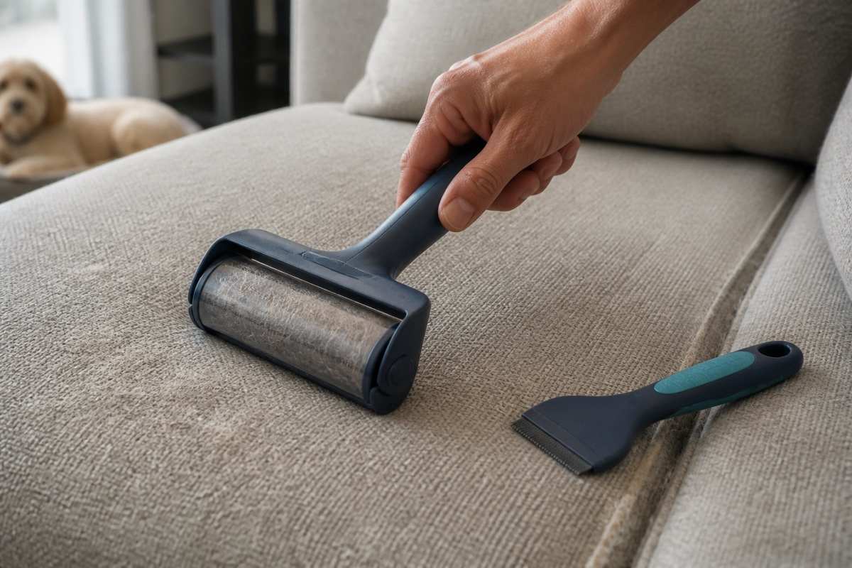 A hand uses a reusable pet-hair roller on a woven sofa while a fabric scraper rests near the seam.