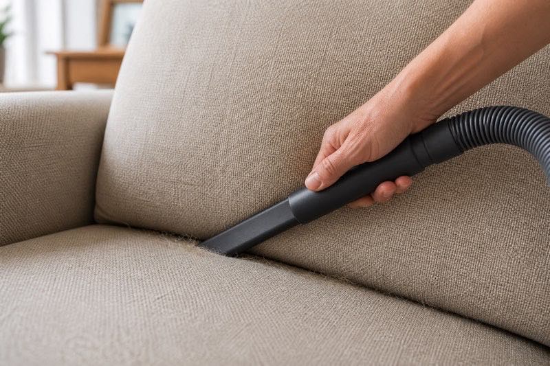 A hand guides a vacuum crevice tool along pet hair collected in a sofa seam.