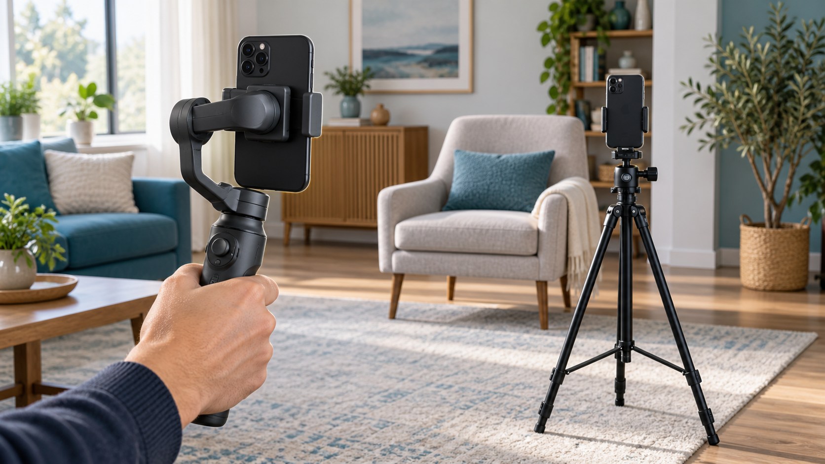 AI illustration of a handheld phone gimbal and a separate floor tripod in a home filming setup; not the named products.