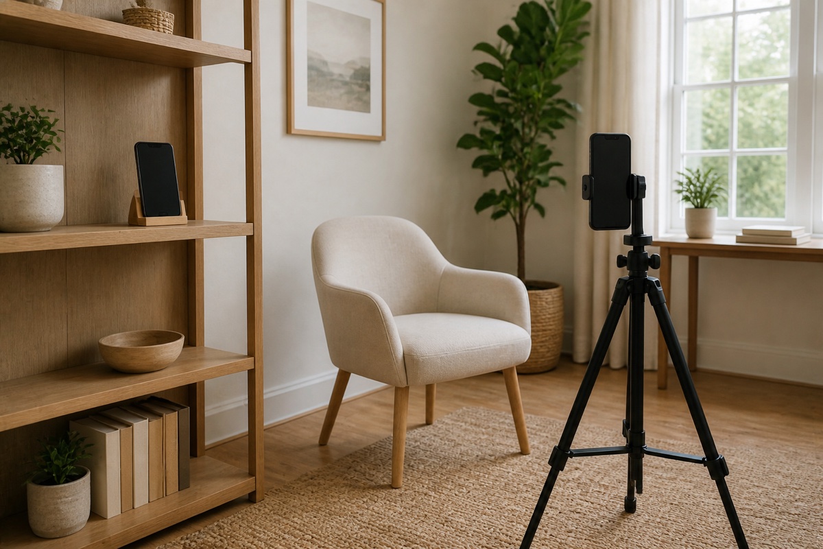 A phone supported on a shelf and another phone on a tripod beside the same empty chair filming area.