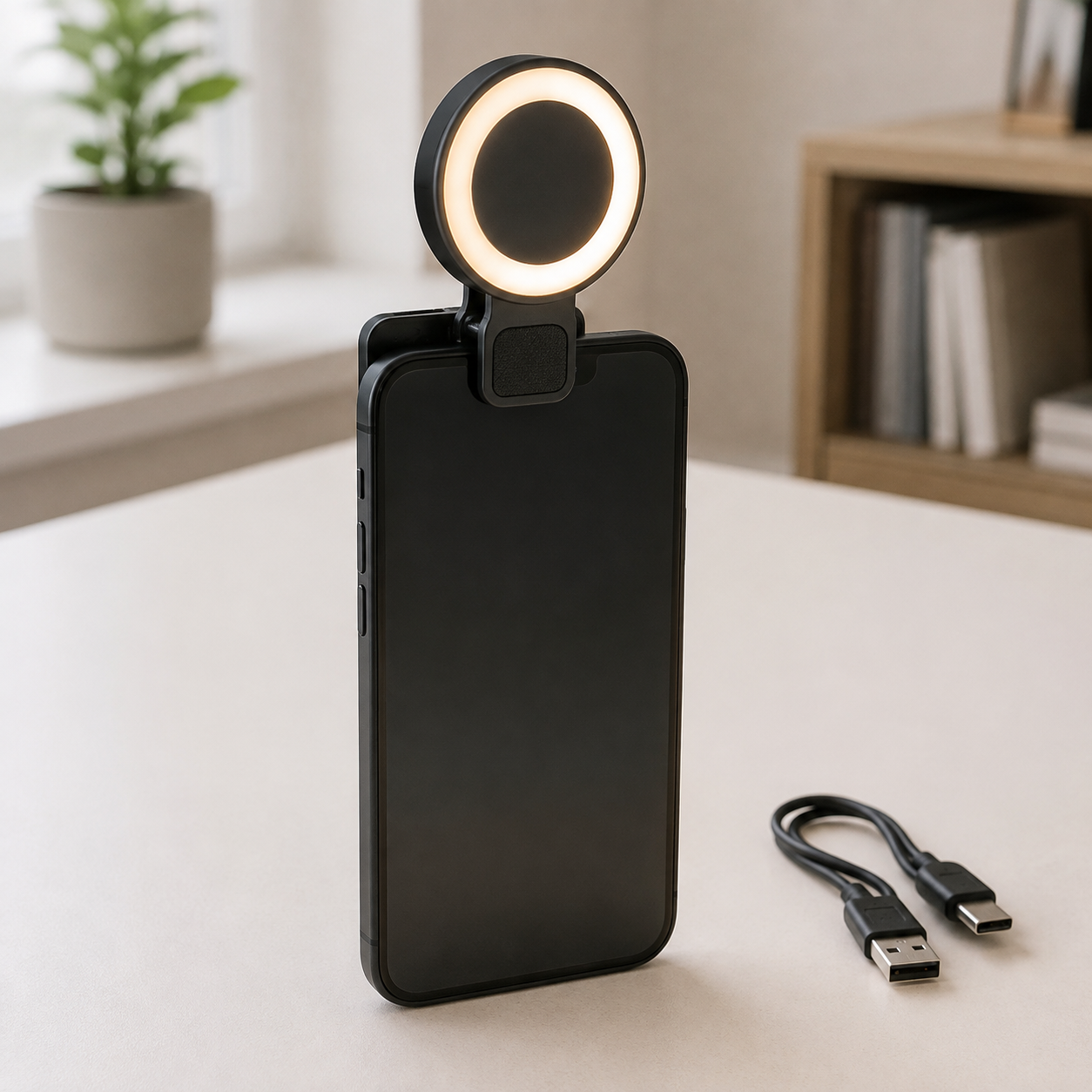 Original unbranded illustration of a compact circular selfie light clipped to the top of a smartphone with a charging cable beside it.