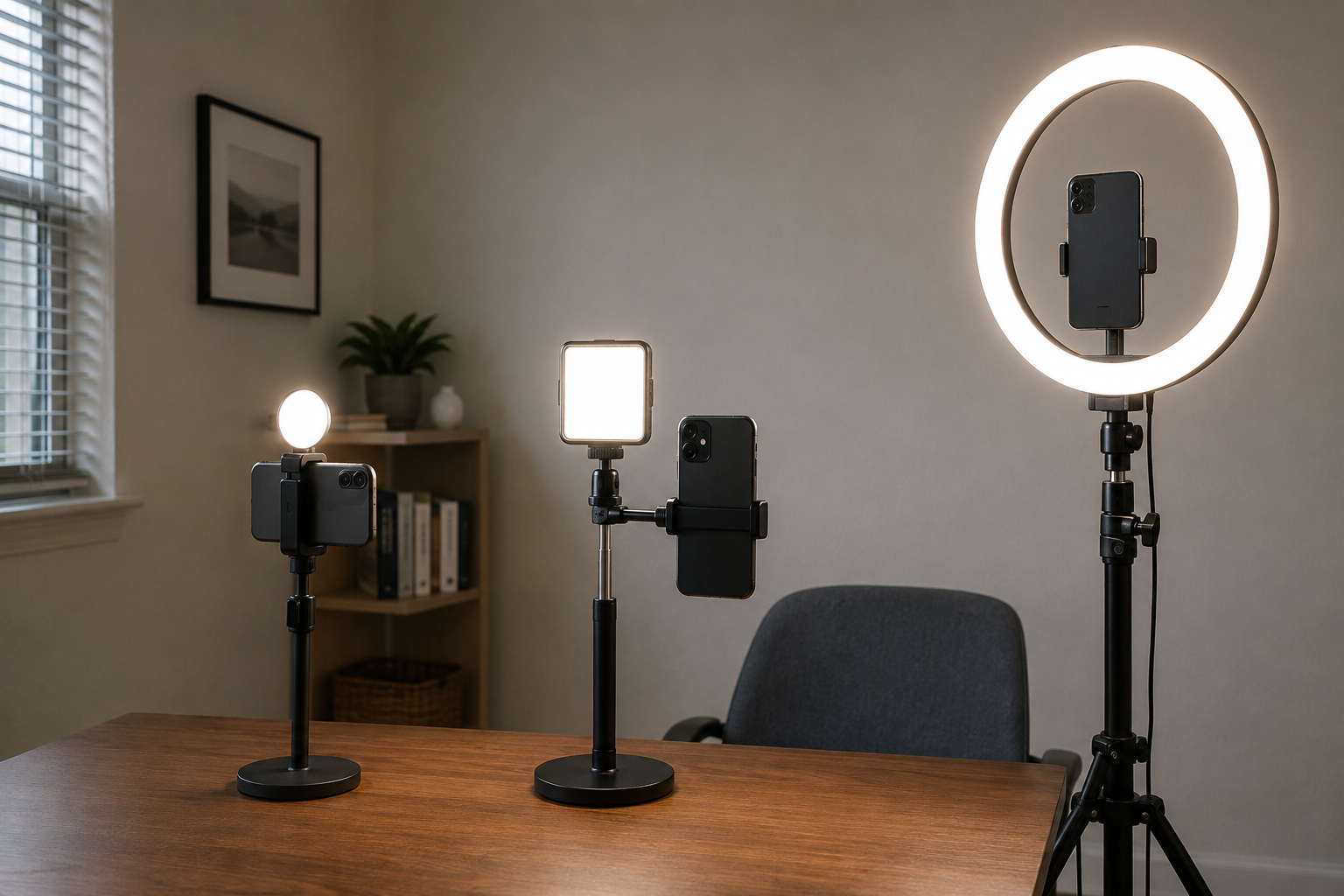 An unbranded clip-on phone light, pocket LED panel, and full-size ring light stand arranged in a compact home office.