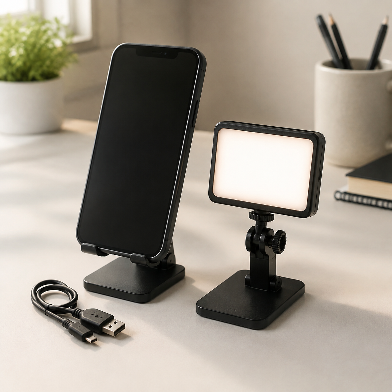 Original unbranded illustration of a pocket-size rectangular LED panel on a small stand beside a smartphone.