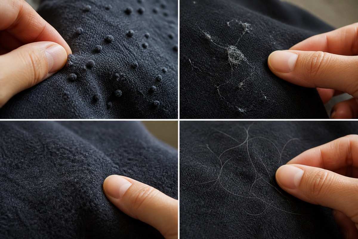 Close fabric comparison showing attached pills, loose lint, raised fuzz, and hair strands before a removal tool is chosen.