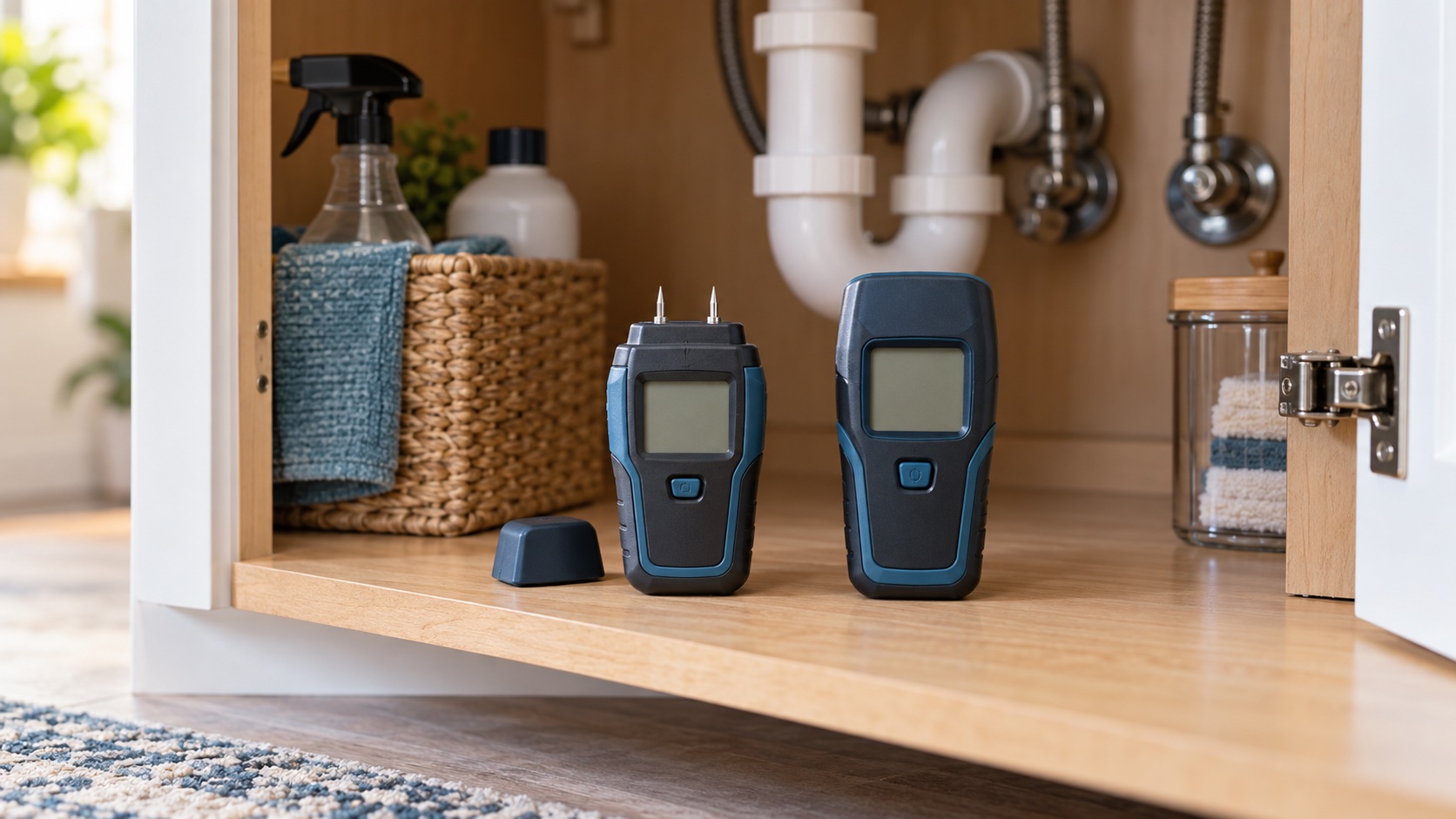 AI illustration of two generic moisture meters beside under-sink plumbing; not the named products.