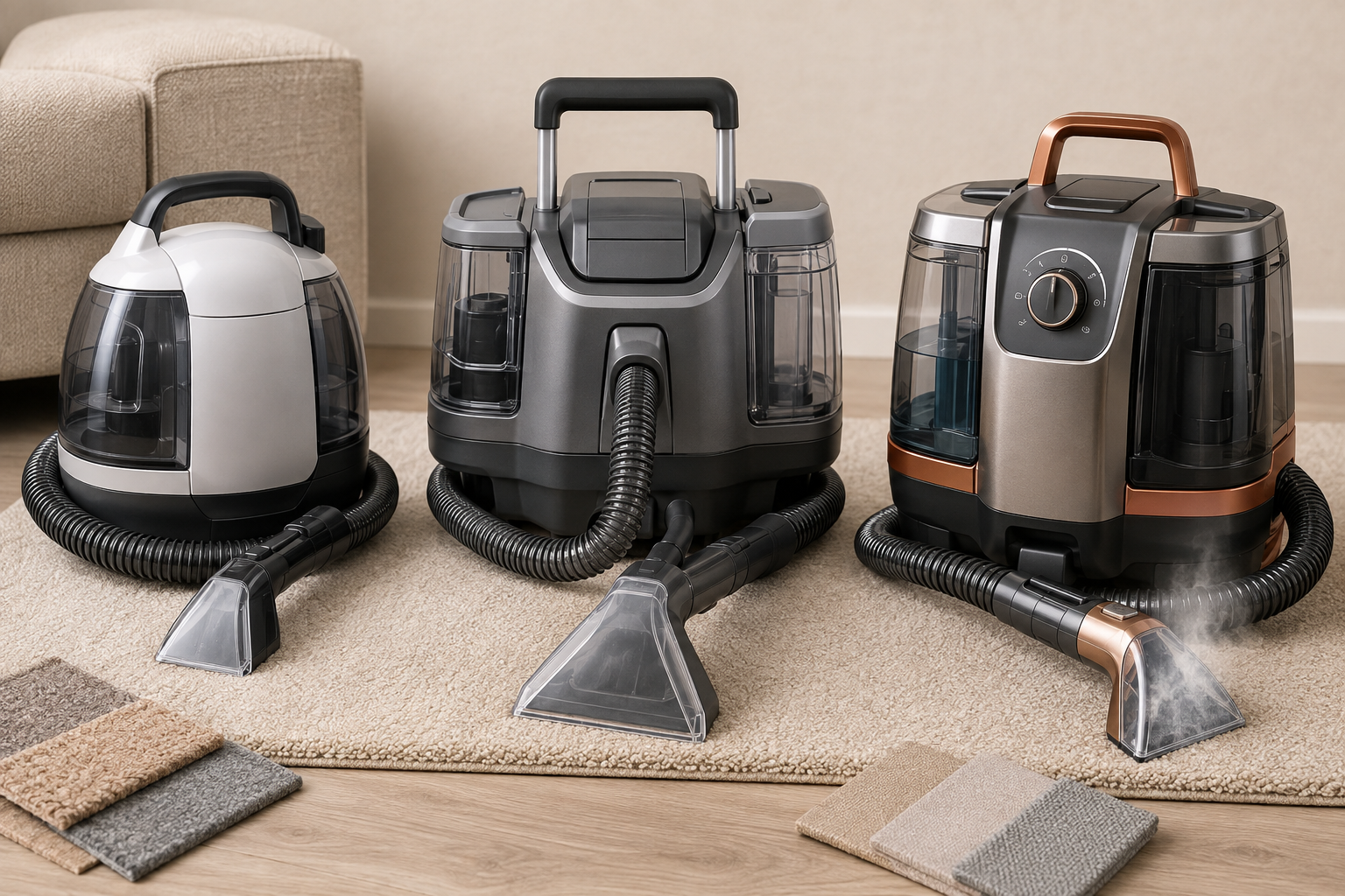 Three unbranded portable carpet-cleaner formats arranged for compact spot cleaning, larger patches, and steam-capable specialty work.