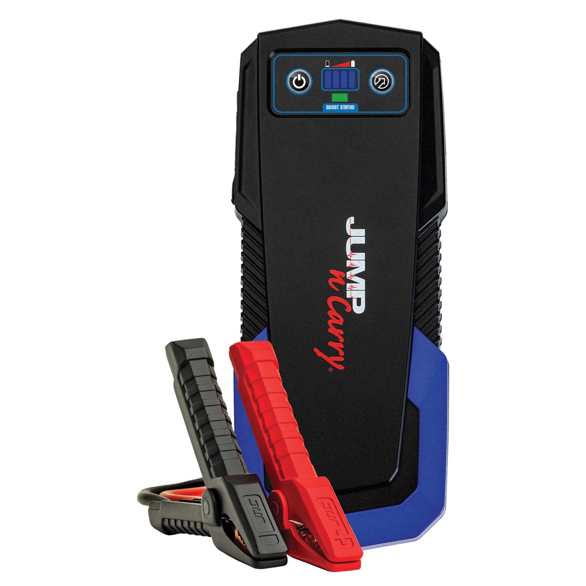 Clore Jump-N-Carry JNC325 portable lithium jump starter with attached clamps on a white background.