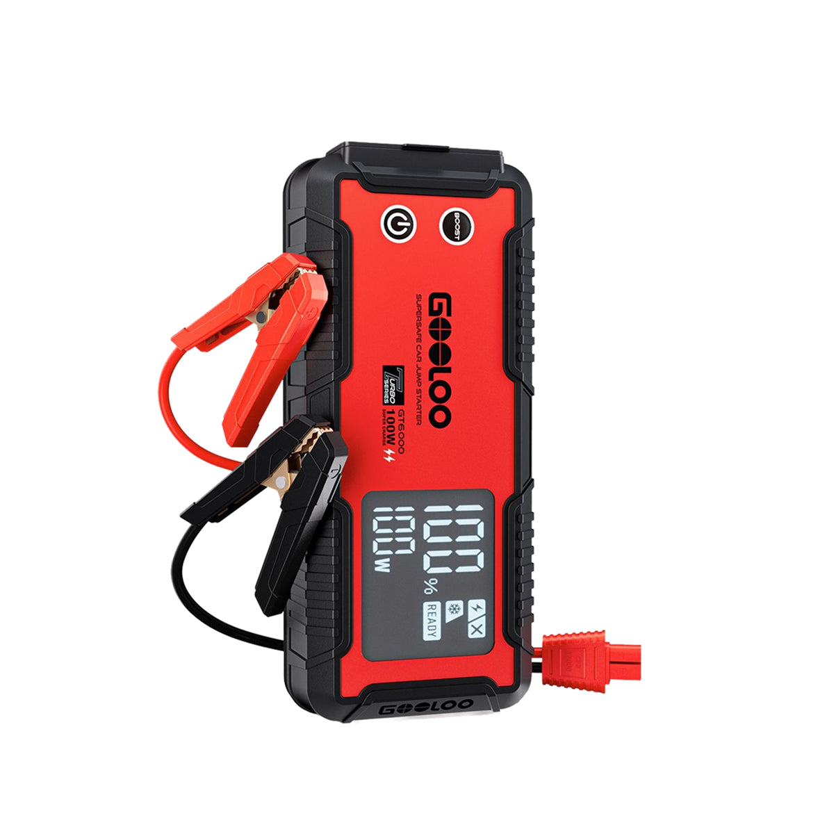 Red and black Gooloo GT6000 portable jump starter with its battery clamps on a white background.