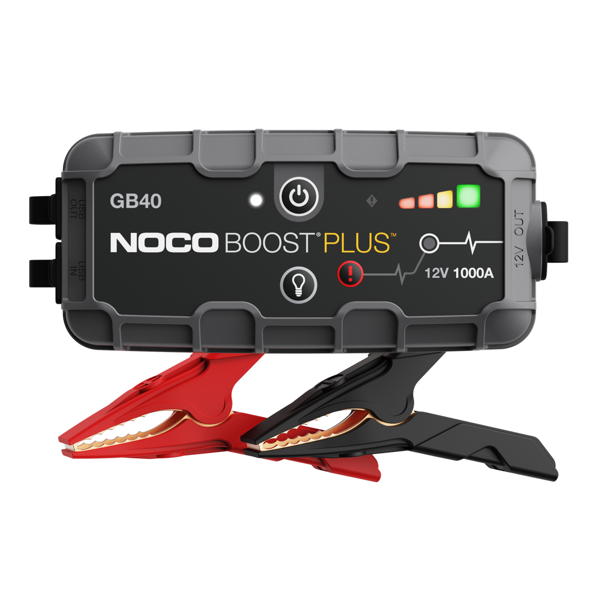 Black NOCO Boost Plus GB40 portable jump starter with its battery clamps on a transparent background.