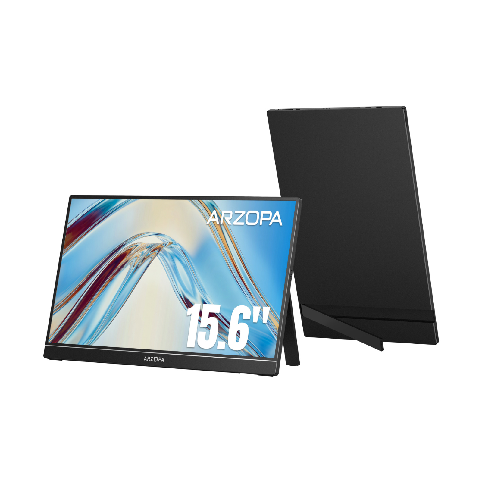 ARZOPA A1 portable monitor shown upright on its integrated kickstand.