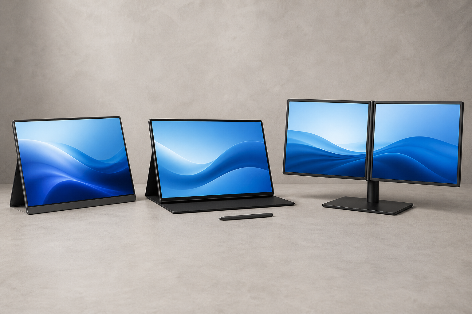 Three unbranded portable-monitor formats arranged as a basic panel, a high-resolution touch display, and a dual-screen workstation.