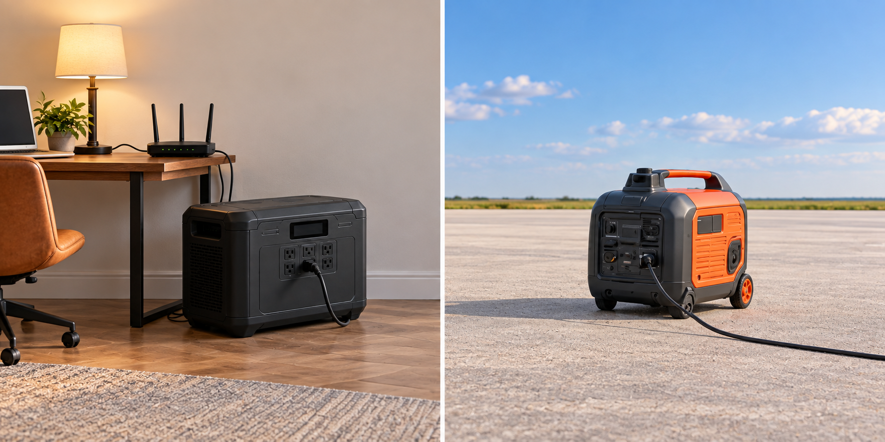 AI illustration in two separate scenes: a generic battery power station beside a home-office desk, and an inverter generator in a clear open outdoor area away from buildings; not the named products.