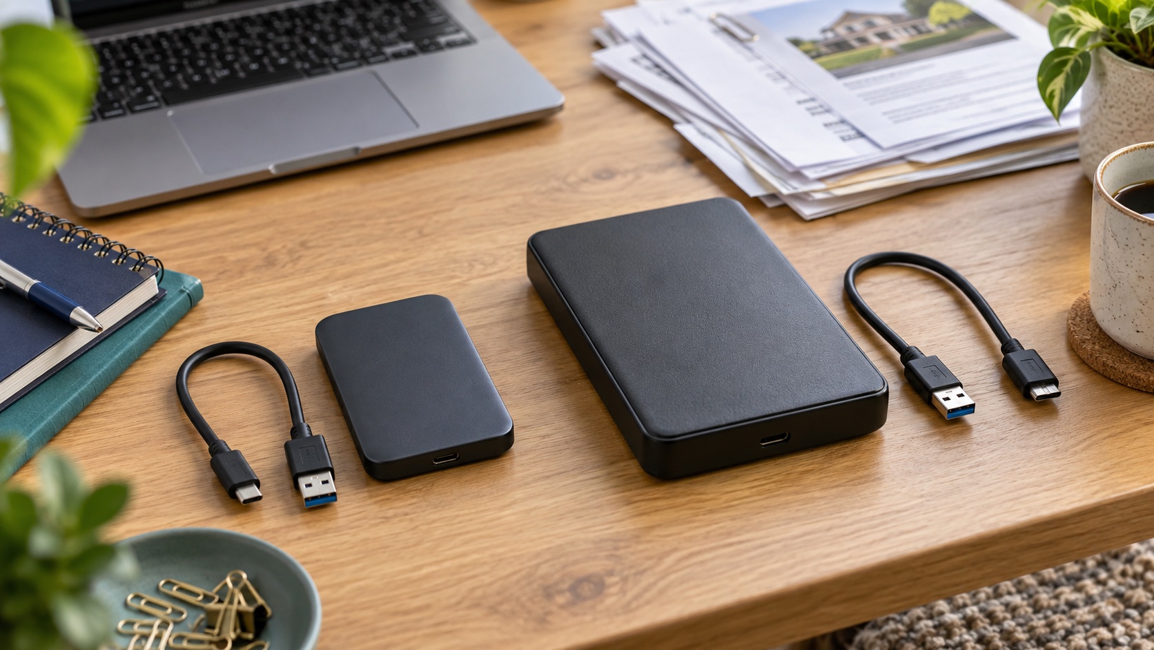 AI illustration of two generic portable drives on a home-office desk; not the named products.